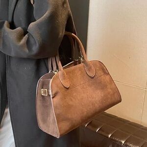 Faux Suede Brown Top Handle Tote Bag